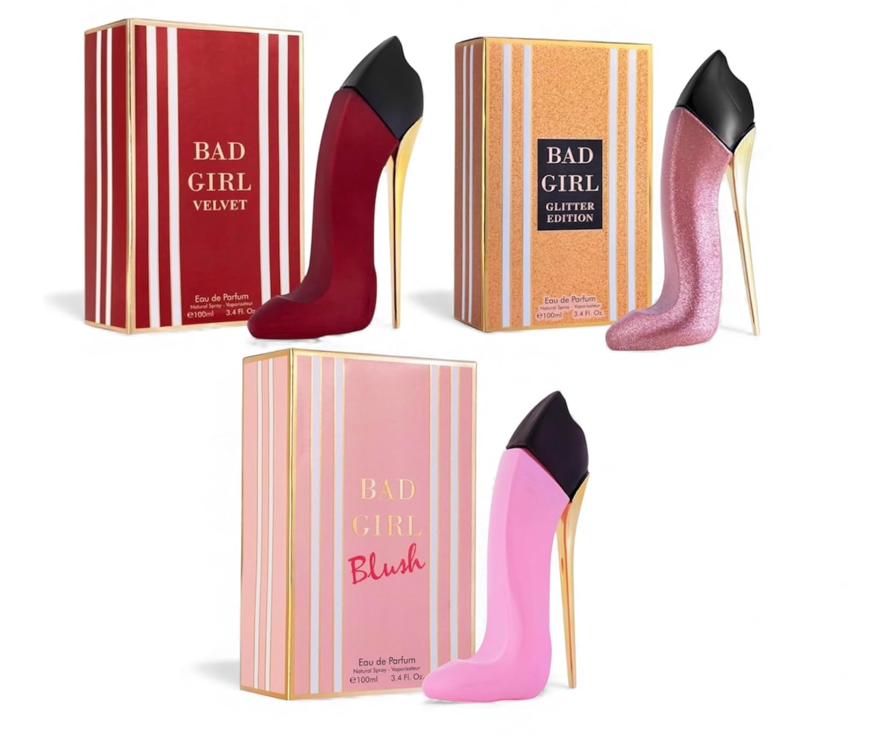 Bad Girl Perfume Collection for Women – Velvet, Glitter Edition & Blush Eau de Parfum 3.4 oz / 100 mL